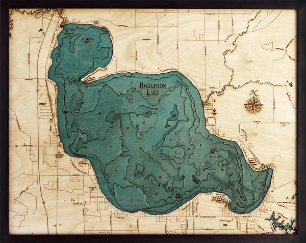 Houghton Lake, Michigan wood chart map made using green and natural colored wood on black background with dark frame
