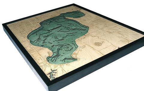 Houghton Lake, Michigan wood chart map made using green and natural colored wood on white background with dark frame laying flat