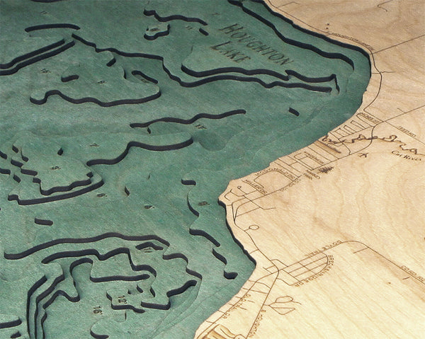 Houghton Lake, Michigan wood chart map made using green and natural colored wood up close