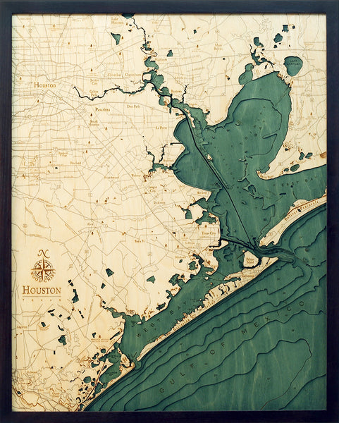Houston/Galveston, Texas wood chart map made using green and natural colored wood on black background with dark frame