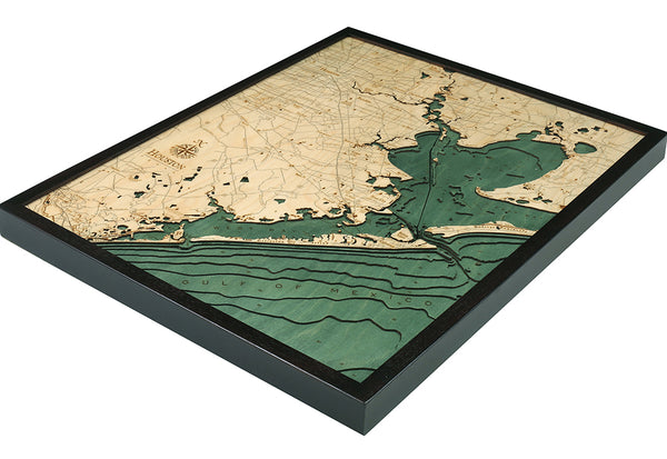 Houston/Galveston, Texas wood chart map made using green and natural colored wood on white background with dark frame laying flat