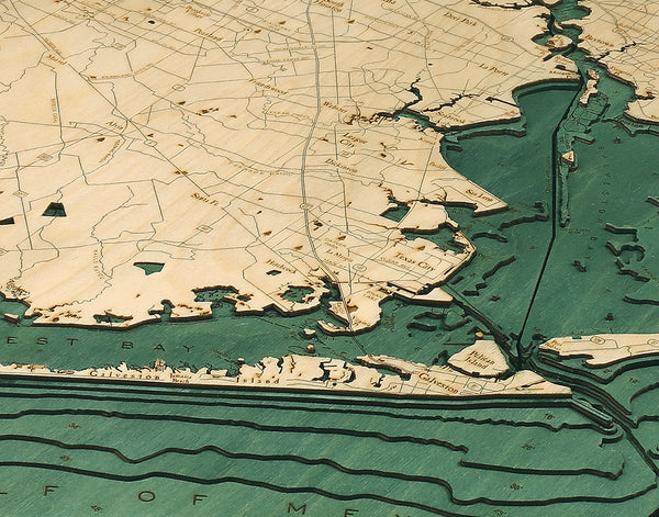 Houston/Galveston, Texas wood chart map made using green and natural colored wood up close