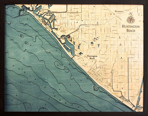 Huntington Beach, California wood chart map made using green and natural colored wood on black background with dark frame