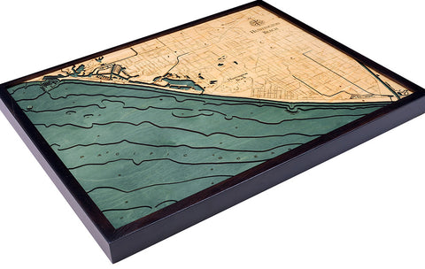 Huntington Beach, California wood chart map made using green and natural colored wood on white background with dark frame laying flat