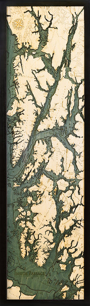 Inside Passage, Alaska wood chart map made using green and natural colored wood on black background with dark frame