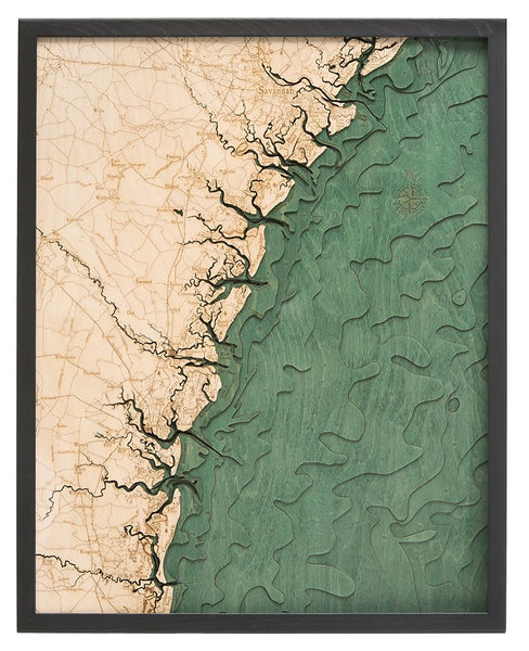 Georgia Coast wood chart map made using green and natural colored wood on white background with dark frame