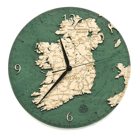 Ireland wood clock made using green and natural colored wood on white background