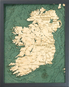 Ireland wood chart map made using green and natural colored wood on black background with dark frame
