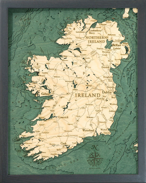 Ireland wood chart map made using green and natural colored wood on black background with dark frame
