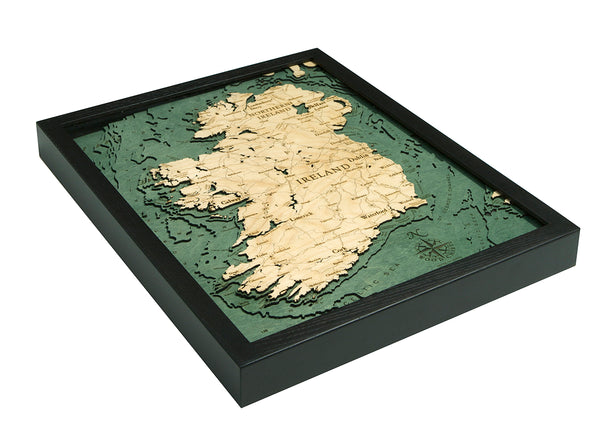 Ireland wood chart map made using green and natural colored wood on white background with dark frame laying flat