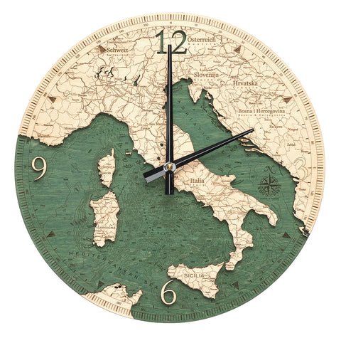 Italy wood clock made using green and natural colored wood on white background