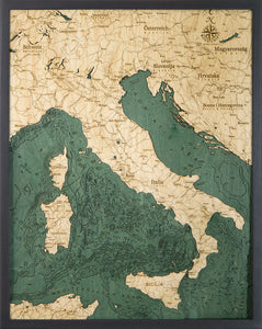 Italy wood chart map made using green and natural colored wood on black background with dark frame