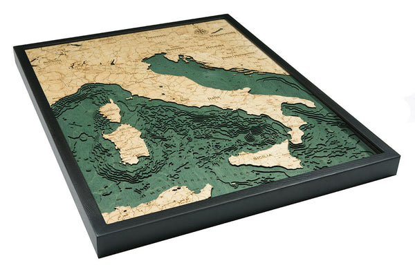 Italy wood chart map made using green and natural colored wood on white background with dark frame laying flat