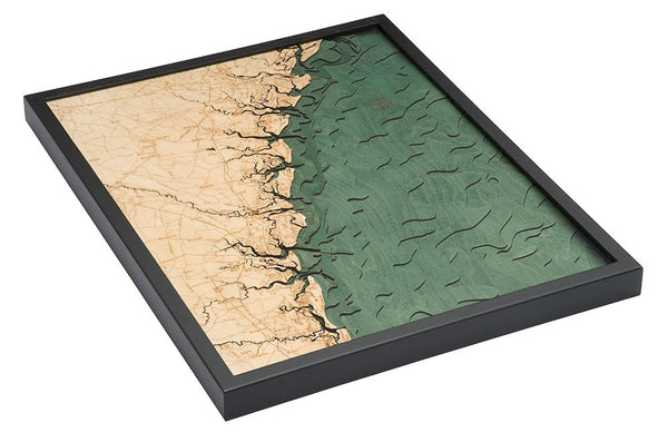 Georgia Coast wood chart map made using green and natural colored wood on white background with dark frame laying flat