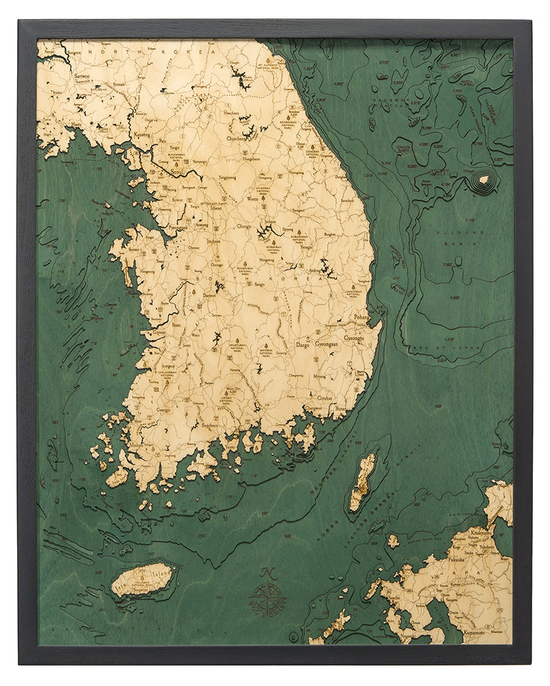 Map of South Korea 3-D Nautical Wood Chart
