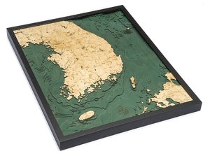 Map of South Korea 3-D Nautical Wood Chart in Frame