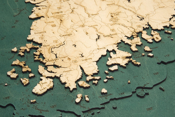Topography Details on Map of South Korea 3-D Nautical Wood Chart