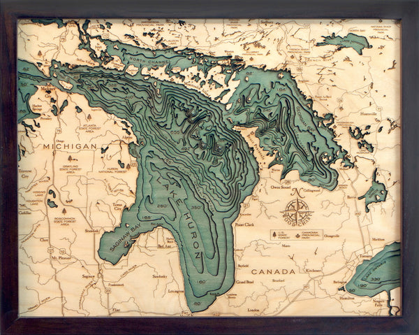 Lake Huron 3-D Nautical Wood Chart, Small, 16" x 20"