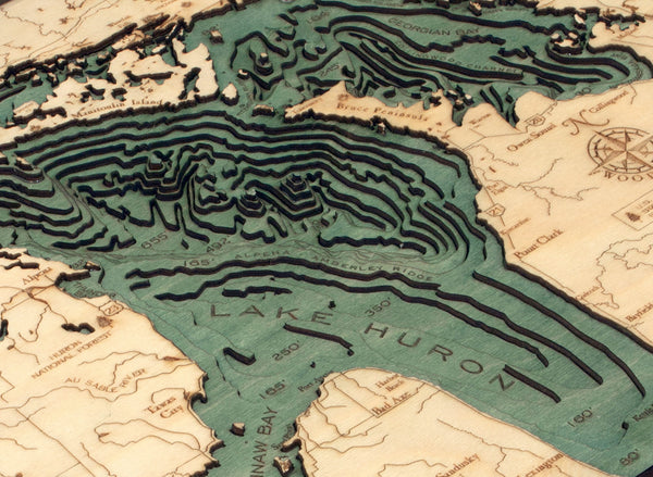 Lake Huron 3-D Nautical Wood Chart, Small, 16" x 20"