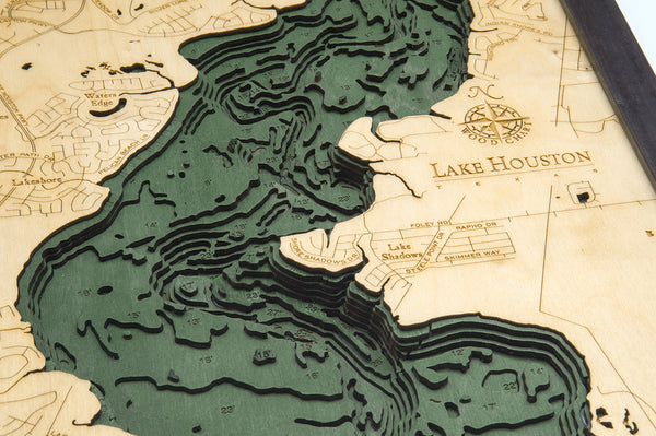 Lake Houston, Texas 3-D Nautical Wood Chart, Medium, 13.5" x 31"
