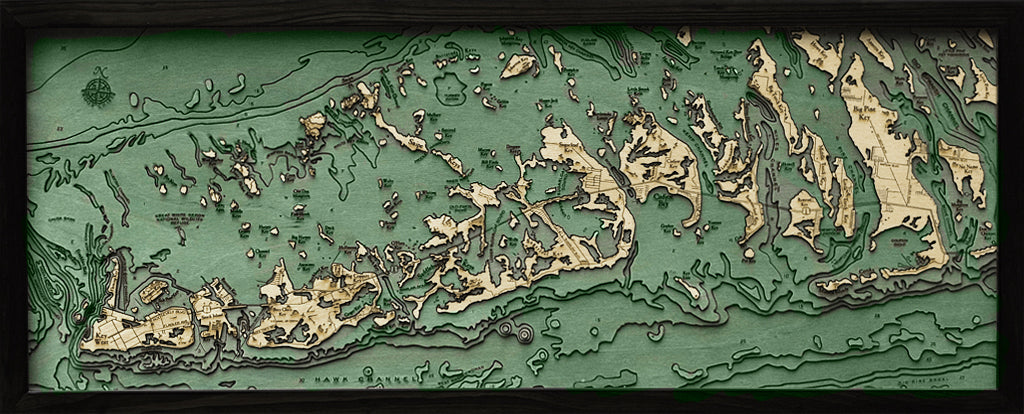 Florida Keys, Florida wood chart map made using green and natural colored wood on black background with dark frame