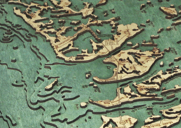 Florida Keys, Florida wood chart map made using green and natural colored wood up close