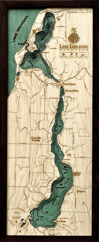 Lake Leelanau, Michigan 3-D Nautical Wood Chart, Medium, 13.5" x 31"