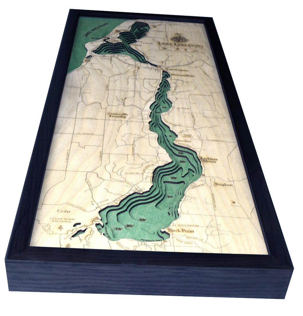 Lake Leelanau, Michigan 3-D Nautical Wood Chart, Medium, 13.5" x 31"