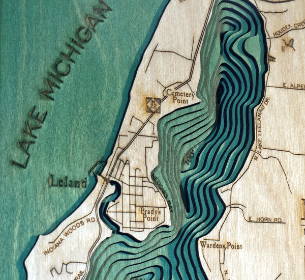 Lake Leelanau, Michigan 3-D Nautical Wood Chart, Medium, 13.5" x 31"