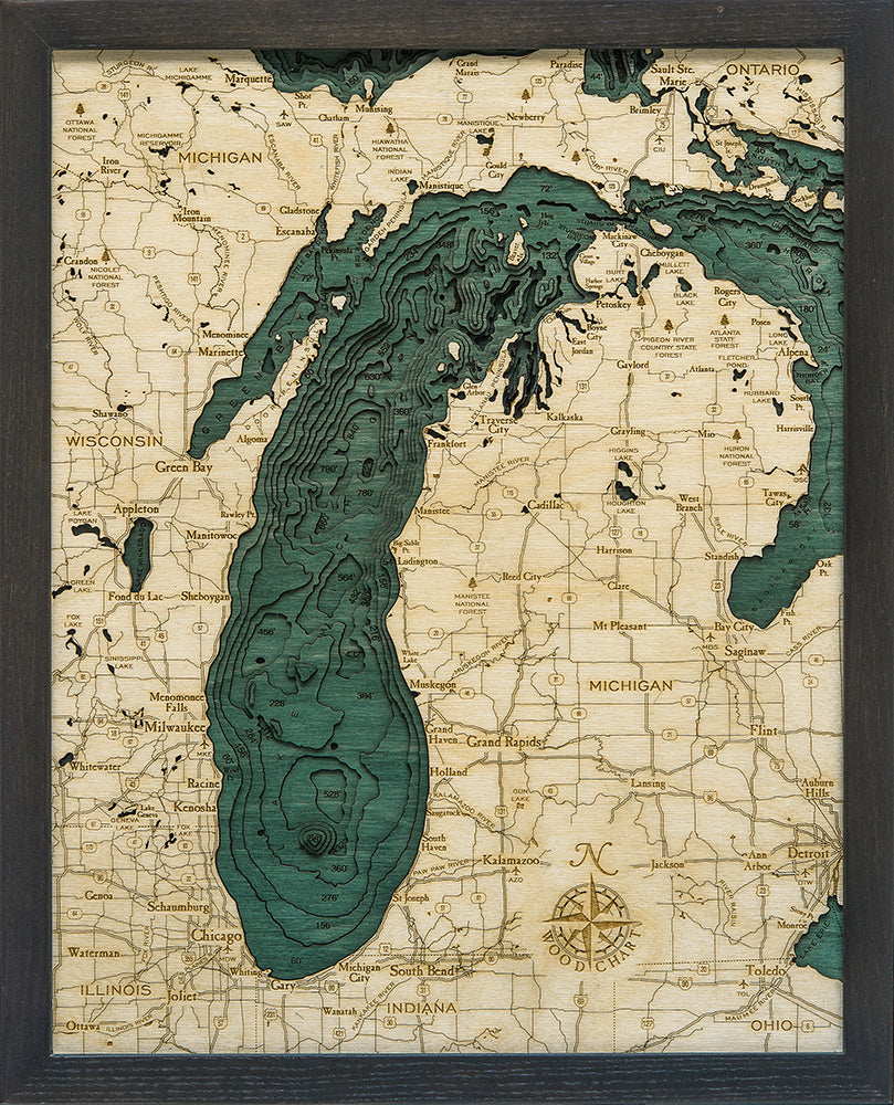 Lake Michigan 3-D Nautical Wood Chart, Small, 16" x 20"