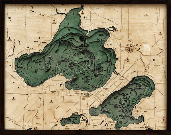 Lake Mendota / Monona, Madison, Wisconsin 3-D Nautical Wood Chart, Large, 24.5" x 31"