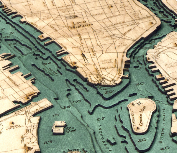 Manhattan, New York 3-D Nautical Wood Chart, Medium, 13.5" x 31"