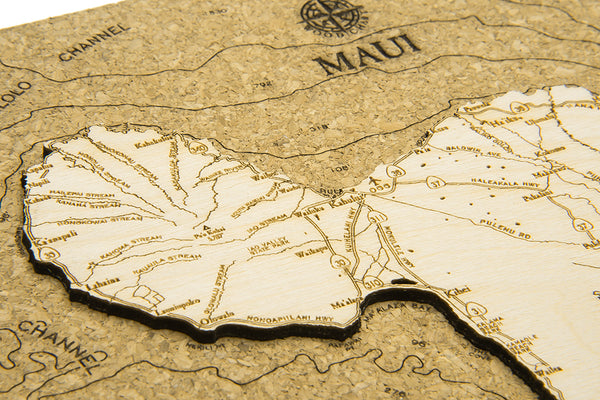 Close up of Maui Hawaii Cork Map in 8x10 inch