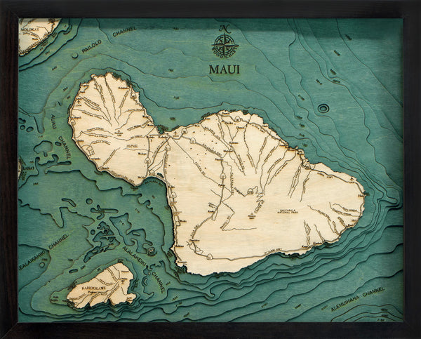 Hawaiian Islands Maui Map Nautical Wood Chart in Small 16x20