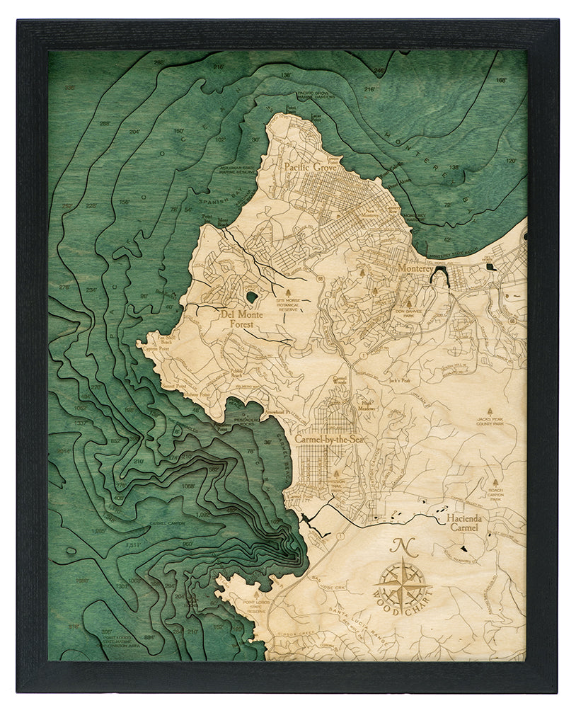 Carmel/Monterey, California wood chart map made using green and natural wood on white background