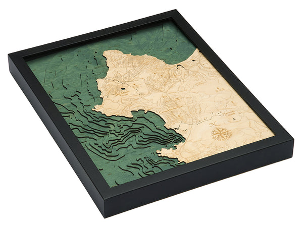 Carmel/Monterey, California wood chart map made using green and natural wood on white background laying flat