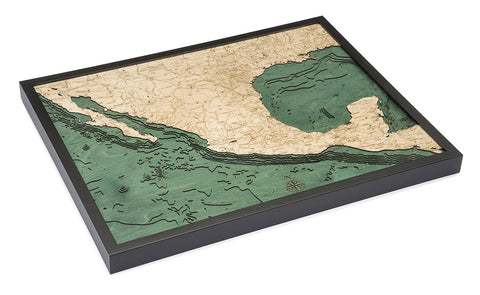 Framed Topographical 3-D Nautical Wood Chart of Mexico