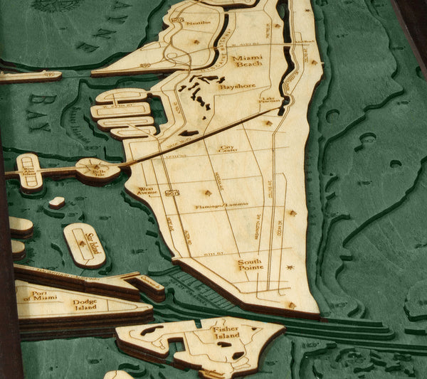 Topographical Detail of 3-D Nautical Wood Chart Map of Miami Beach Florida