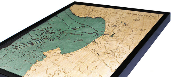 3-D Nautical Wood Chart Map of Monterey Bay in California in Dark Frame