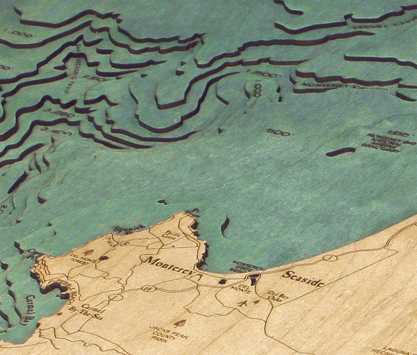 Topographical Detail of 3-D Nautical Wood Chart Map of Monterey Bay in California