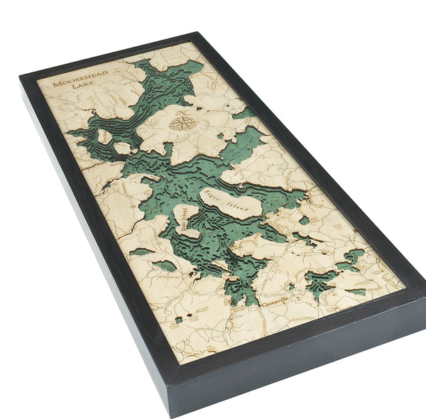 3-D Nautical Wood Chart Map of Moosehead Lake Maine in Dark Frame