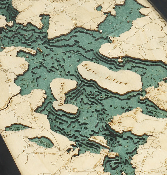 Topographical Detail of 3-D Nautical Wood Chart Map of Moosehead Lake Maine