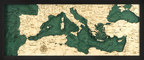 3-D Nautical Wood Chart Map of Mediterranean Sea Medium