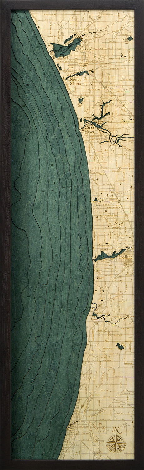 Muskegon to South Haven Narrow 3-D Nautical Wood Chart
