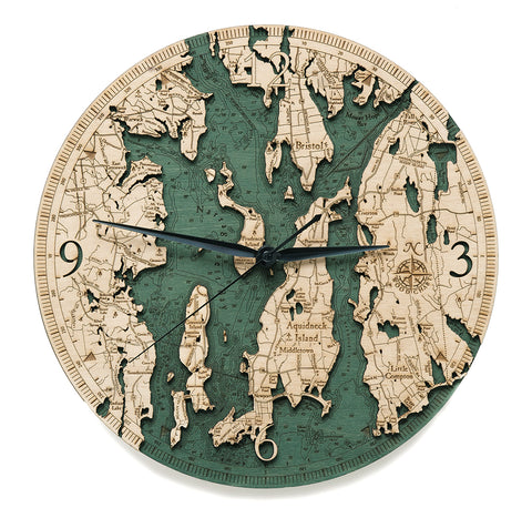 Narragansett Bay Map on Wood Laser Cut Clock