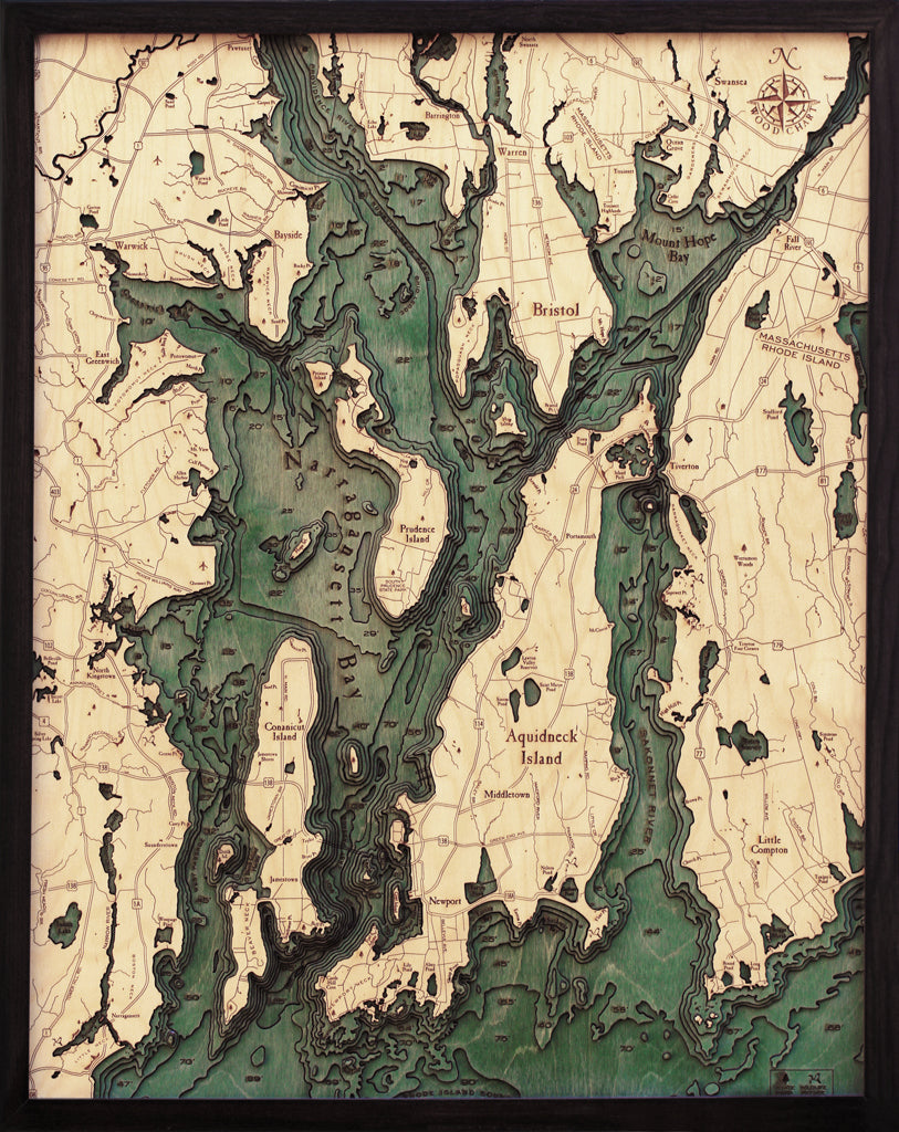 Narragansett and Newport, Rhode Island Map on 3-D Nautical Wood Chart