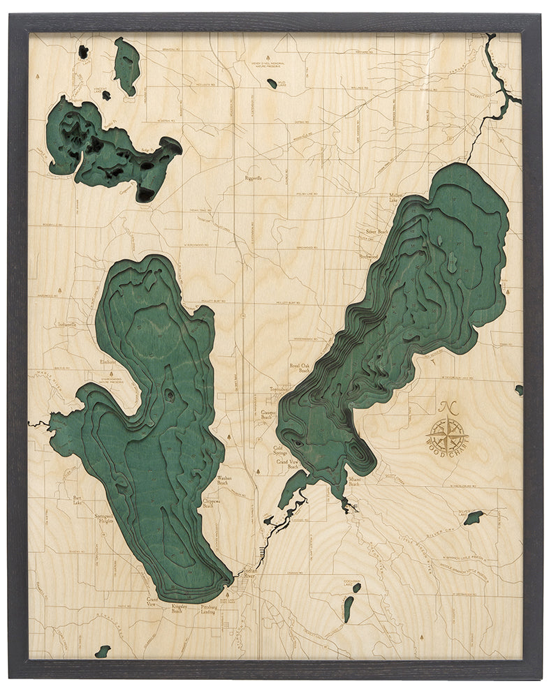 Burt and Mullett Lake wood chart map made using green and natural wood on white background with dark frame