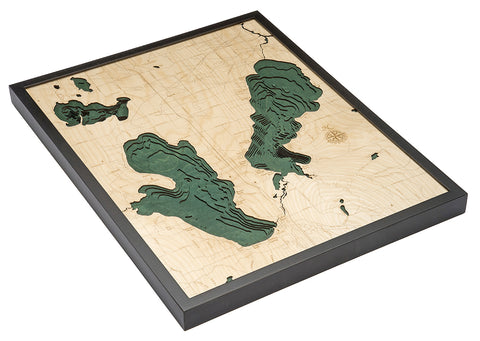 Burt and Mullett Lake wood chart map made using green and natural wood on white background with dark frame