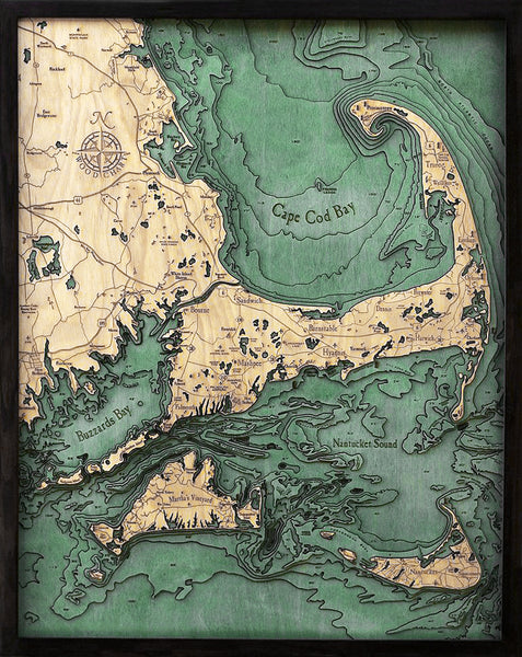 Cape Cod, Massachusetts wood chart map made using green and natural wood on black background
