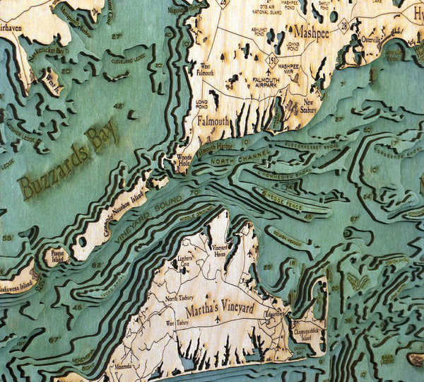 Cape Cod, Massachusetts wood chart map made using green and natural wood up close